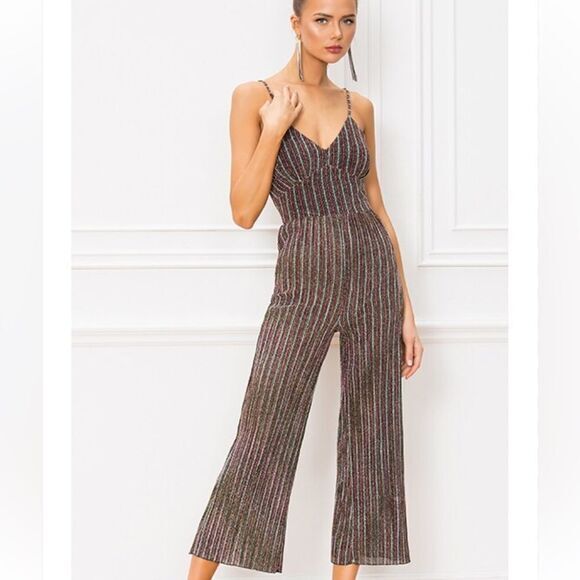 By The Way Julia Jumpsuit S Multi Color Bling Stripe Glam‎ Valley Girl Sparkly - Picture 1 of 12
